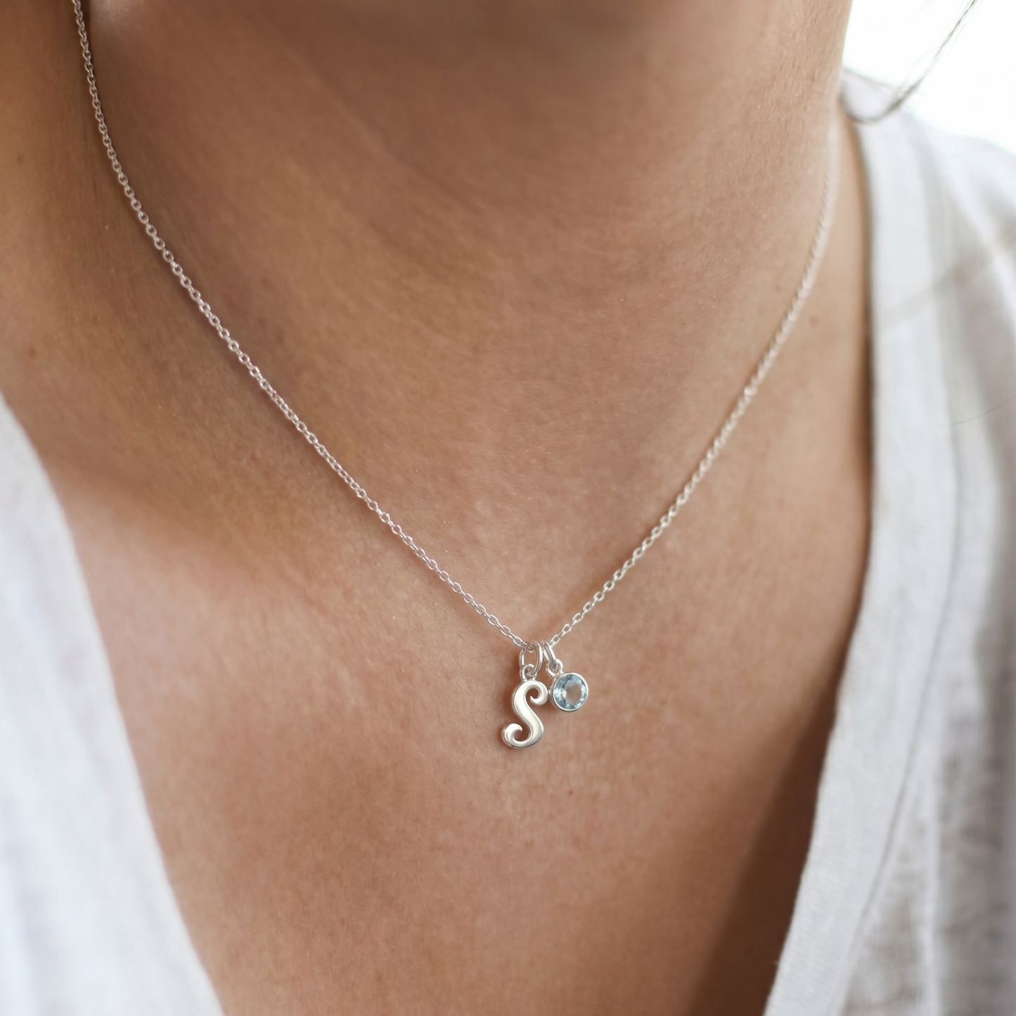 Truly Yours Necklace - A to Z Pendant With Aquamarine and Chain in 925 Sterling Silver