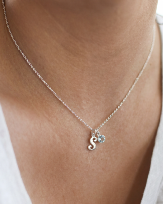 Truly Yours Necklace - A to Z Pendant With Aquamarine and Chain in 925 Sterling Silver