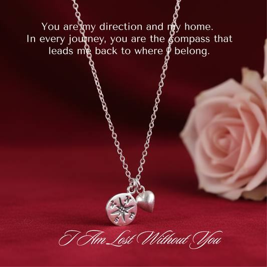 I Would Be Lost Without You Compass Heart Sterling Silver Necklace 18'' Length